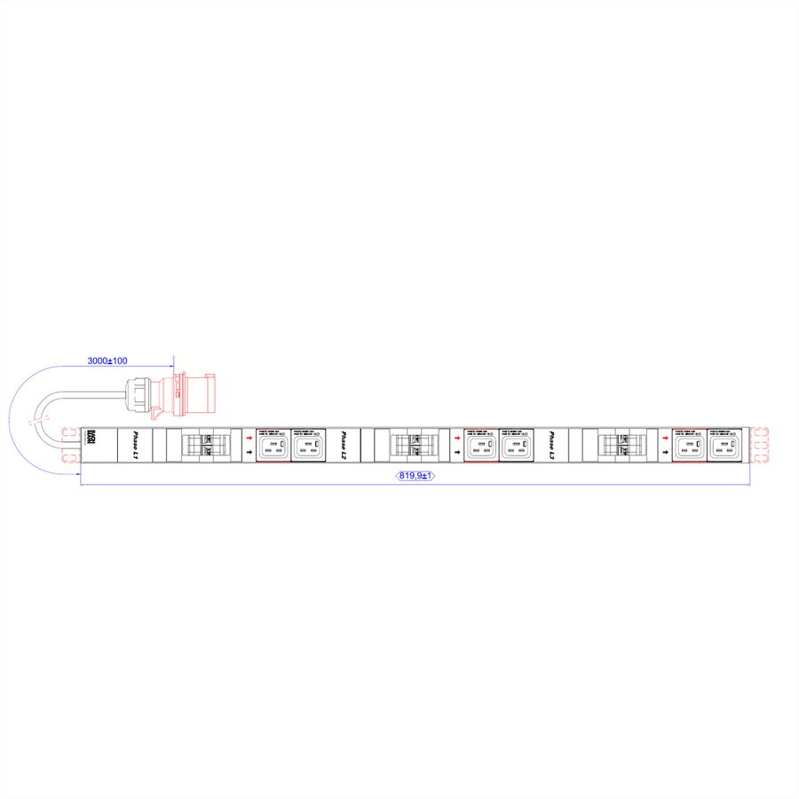 BACHMANN IT PDU ALU 0U 6x C19 6x interrupteur de protection de ligne CEE 3x32A rouge