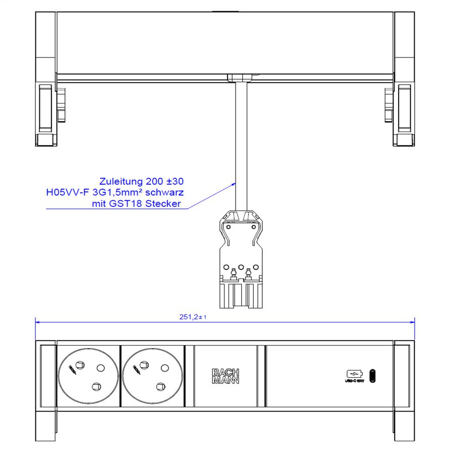 BACHMANN DESK2 2xUTE 1xUSB C 60W 0,2m GST18 RAL9010