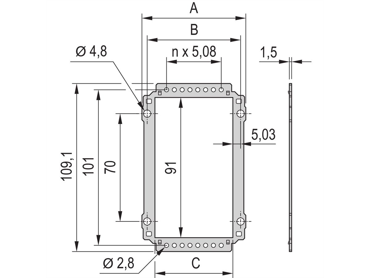 Unité enfichable de type cadre SCHROFF, panneau arrière, découpe pour connecteurs multiples, 3 U, 21 HP