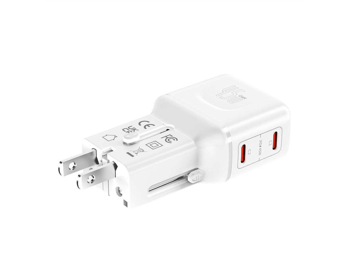 VALUE Chargeur de voyage, EU/UK/US, 2 ports USB C, 45 W