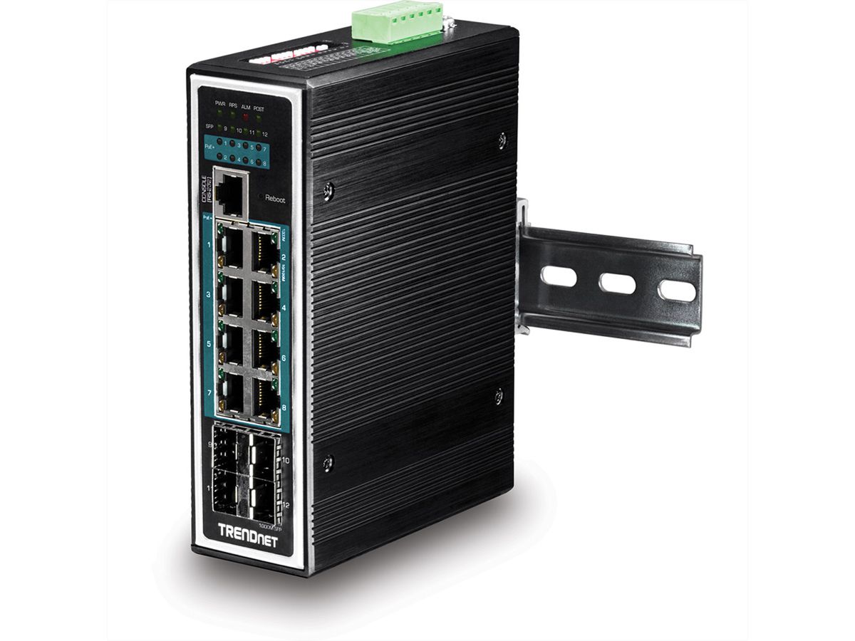 TRENDnet TI-PG1284i Switch Rail DIN géré PoE+ Gigabit industriel à 12 ports