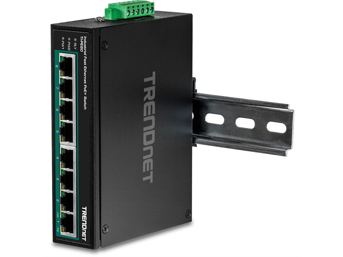 TRENDnet TI-PE80 Switch Rail DIN Fast Ethernet PoE+ industriel à 8 ports