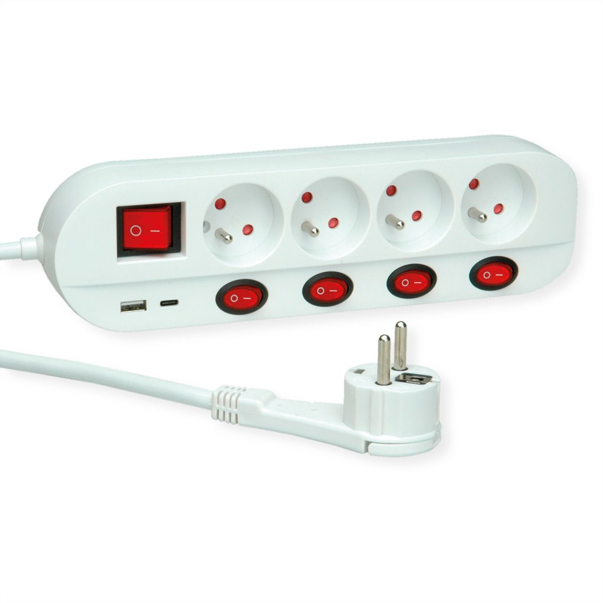 ROLINE Prise multiple, 4x avec interrupteur, Fast Charger, 1x USB A+C, 3 m