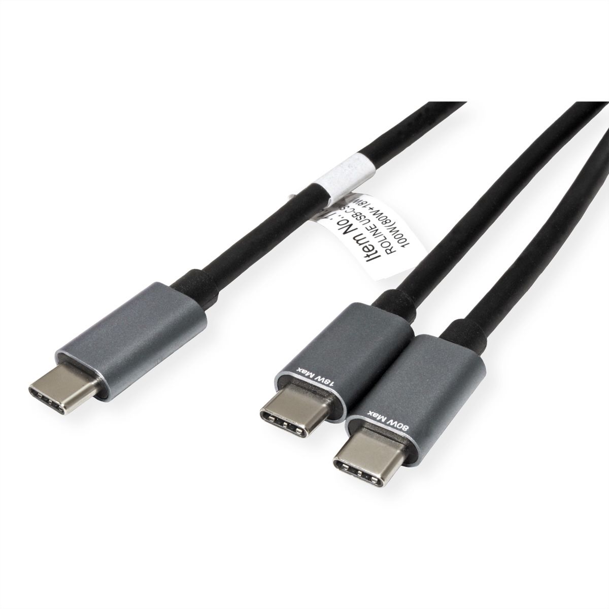 ROLINE Câble de chargement Y - Splitter, USB-C vers 2x USB-C, M/M, max. 100W, noir, 1,85 m
