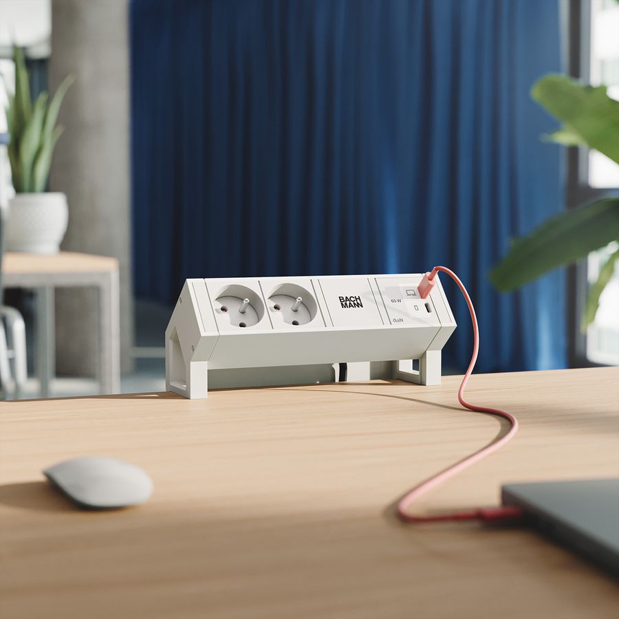 BACHMANN DESK2 blanc 2xUTE, 1xUSB C/C 65W L=0,2m RAL9010