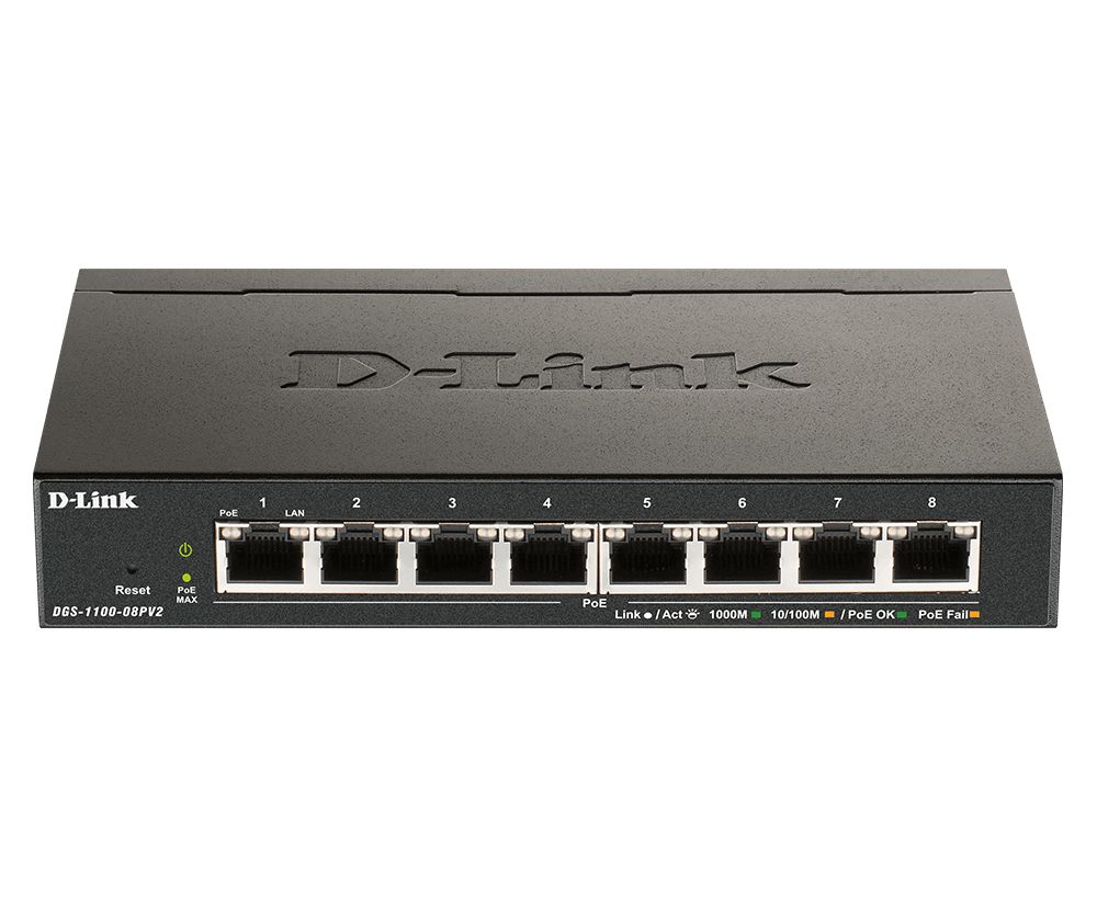 D-Link DGS-1100-08PV2 Géré L2/L3 Gigabit Ethernet (10/100/1000) Connexion Ethernet, supportant l'alimentation via ce port (PoE) Noir