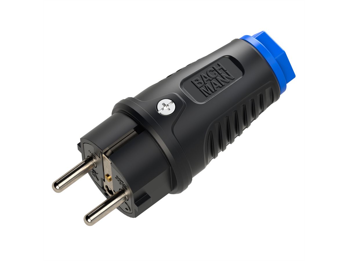 BACHMANN Connecteur 2P+T caoutchouc plein CEE7/7 , IP54, bleu / noir