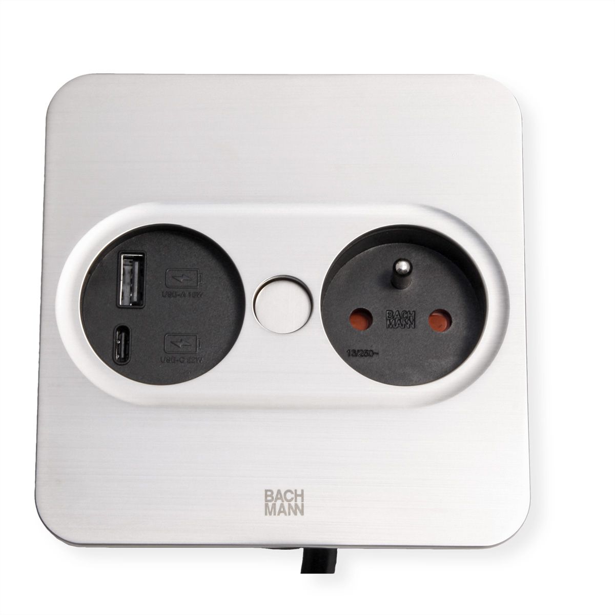 BACHMANN TWIST 2 1xUTE 1xUSB A/C 22W 2,0m AEH aspect inox carré, Mesure p.Sd.3m H05VV-F 3G4 CEE16A LAN