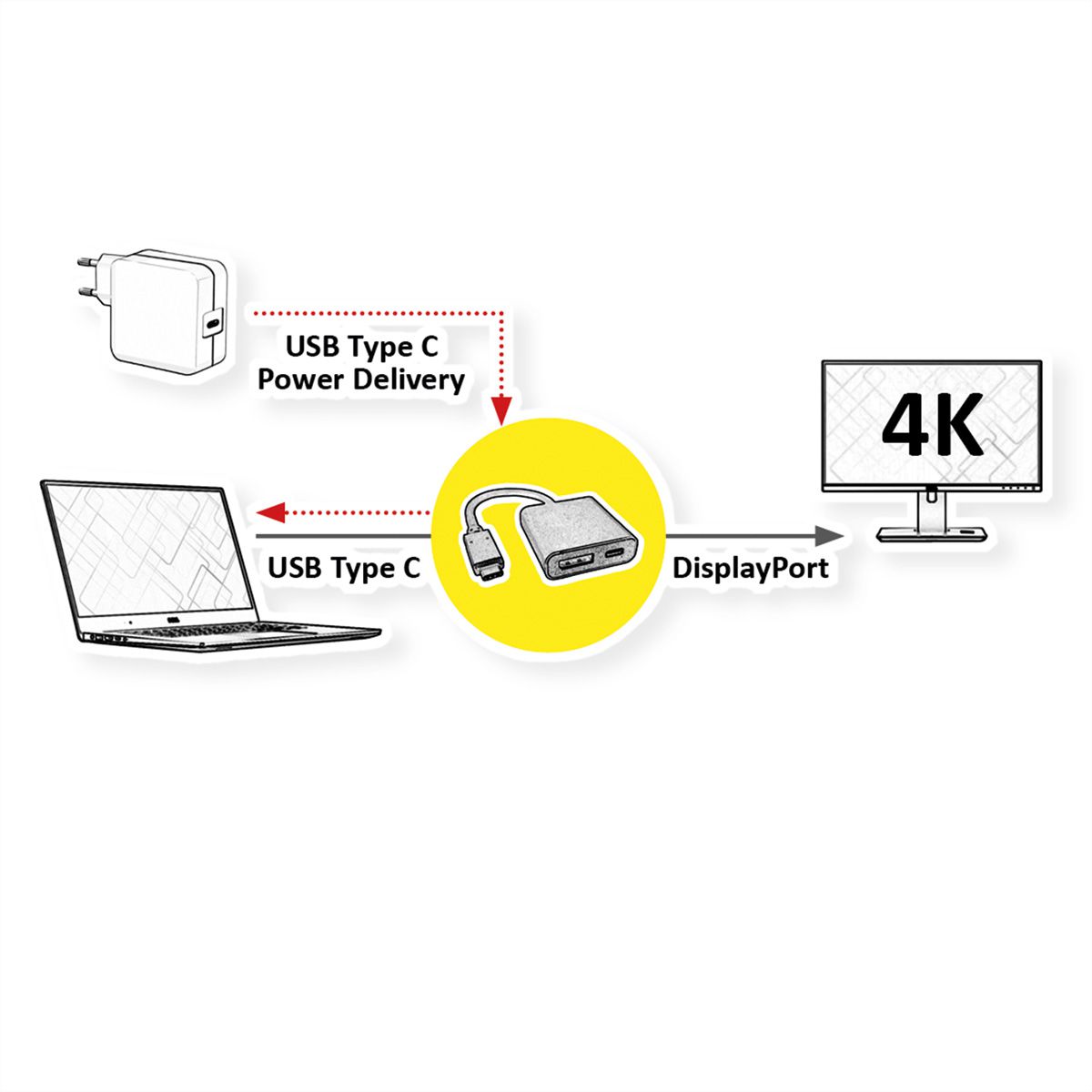 ROLINE Adaptateur Type C - DisplayPort,  + 1x type C PD, v1.2, M/F