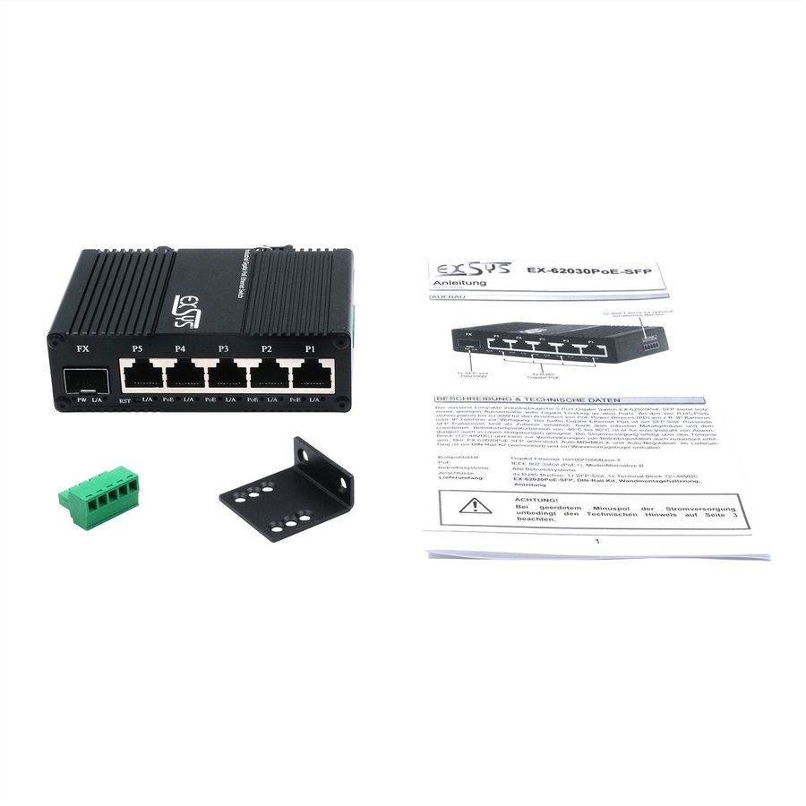 EXSYS EX-62030MPoE-SFP Mini Switch Gigabit SFP PoE+ industriel 5+1 ports, géré par le Web