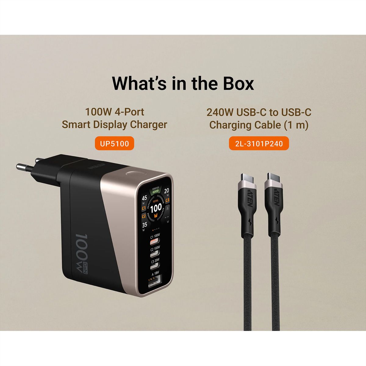 ATEN UP5100 Chargeur intelligent à 4 ports de 100 W avec écran