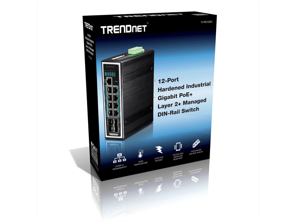 TRENDnet TI-PG1284i Switch Rail DIN géré PoE+ Gigabit industriel à 12 ports