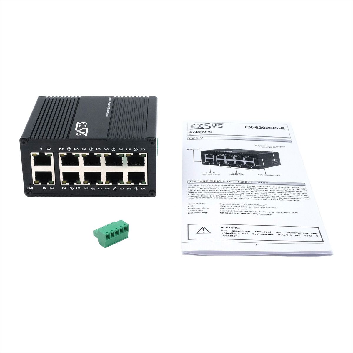 EXSYS EX-62026PoE Mini-commutateur Gigabit PoE industriel à 10 ports, 8x PoE + 2x 10/100/1000Tx