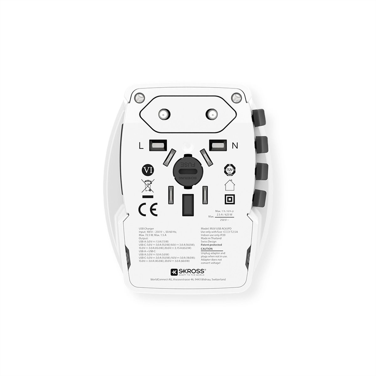 SKROSS Adaptateur de voyage MUV USB A/C 65PD avec câble USB-C, monde