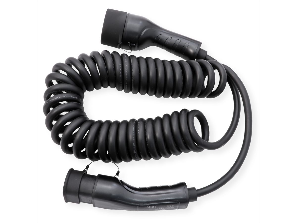 ROLINE Câble de recharge VE type2, 1-Phase, 250VAC (1P+N+E), 32 A, 7,4 kW, spirale, 7,5 m