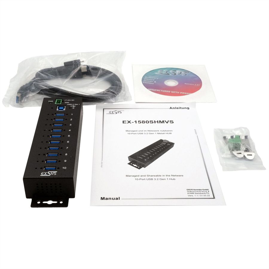 EXSYS EX-1580SHMVS Hub USB 3.2 Gen 1 métallique à 10 ports, géré, partageable en réseau, protection ESD 15 kV