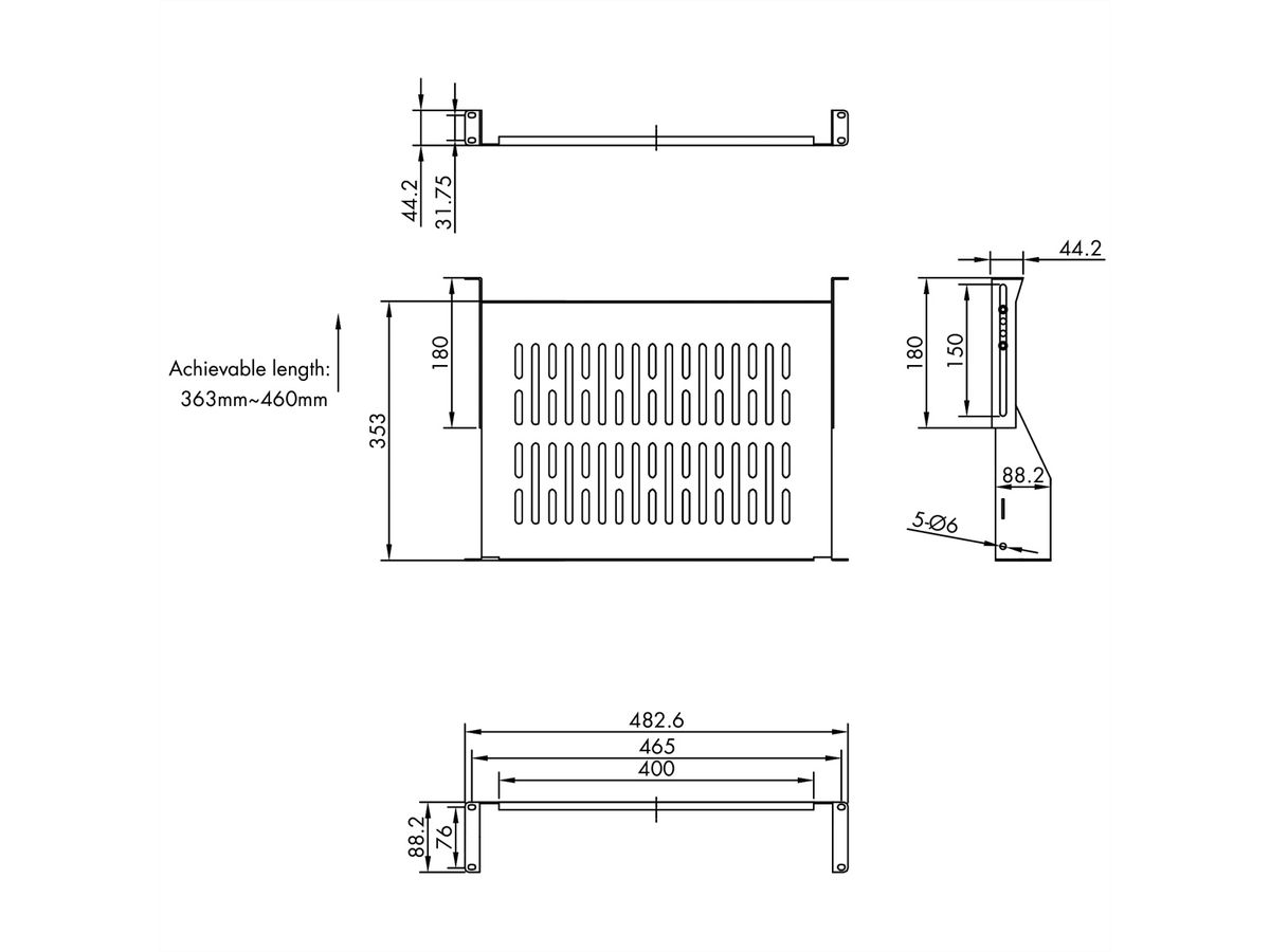 VALUE Etagère 19", 485 x 350 mm, 2 U, max. 25 kg, forme en U, noir