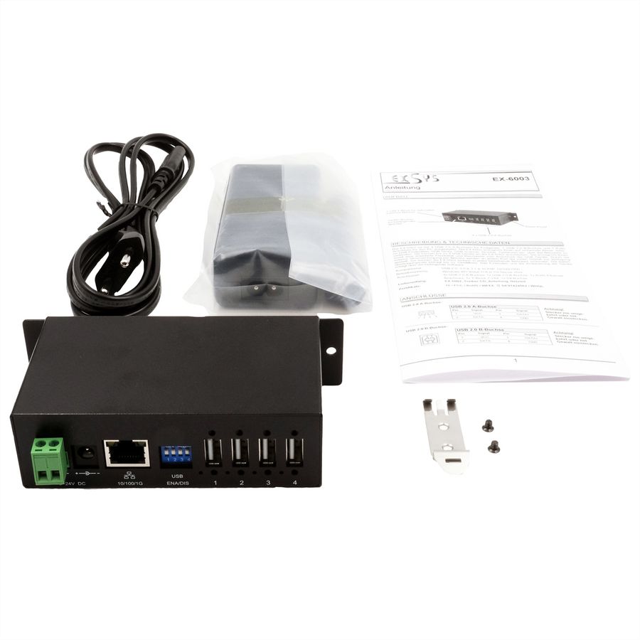 EXSYS EX-6003HMVS Serveur de périphériques 4x USB 2.0, entrée 9V-24V DC, boîtier métallique