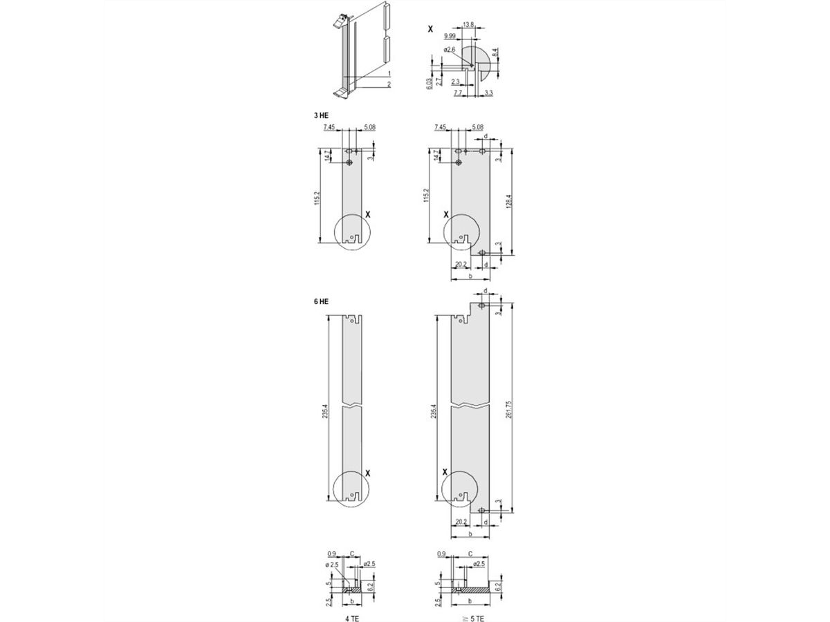 SCHROFF Plug-In Unit U-Profile Face avant pour IEL, IET, Type 2 Poignée 3 U, 6 CV, 2,5 mm, Al, Anodisé frontal, Conducteur arrière