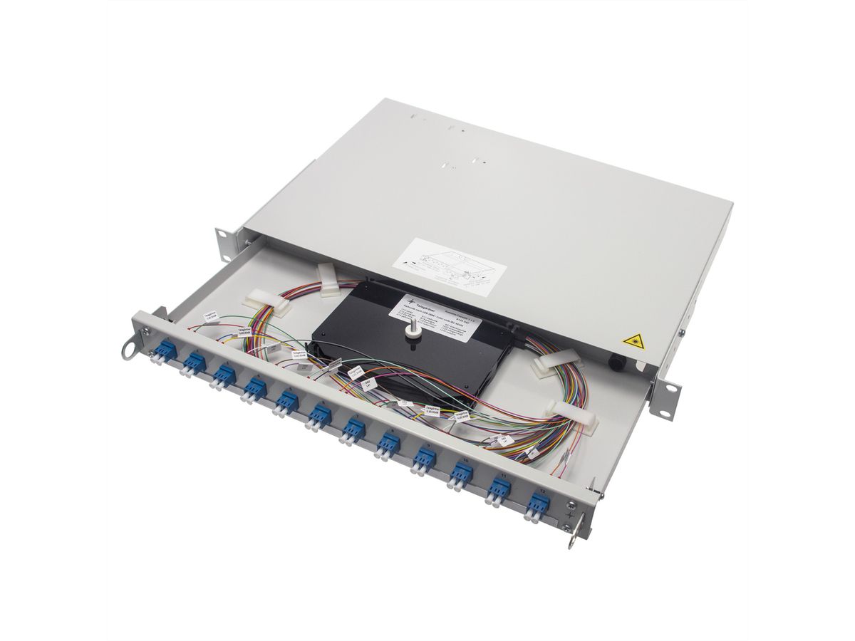 TELEGÄRTNER Panneau de brassage fibre optique professionnel 19" V 1U, 24xE2000/APC complet + 24xPigt.9, colorés
