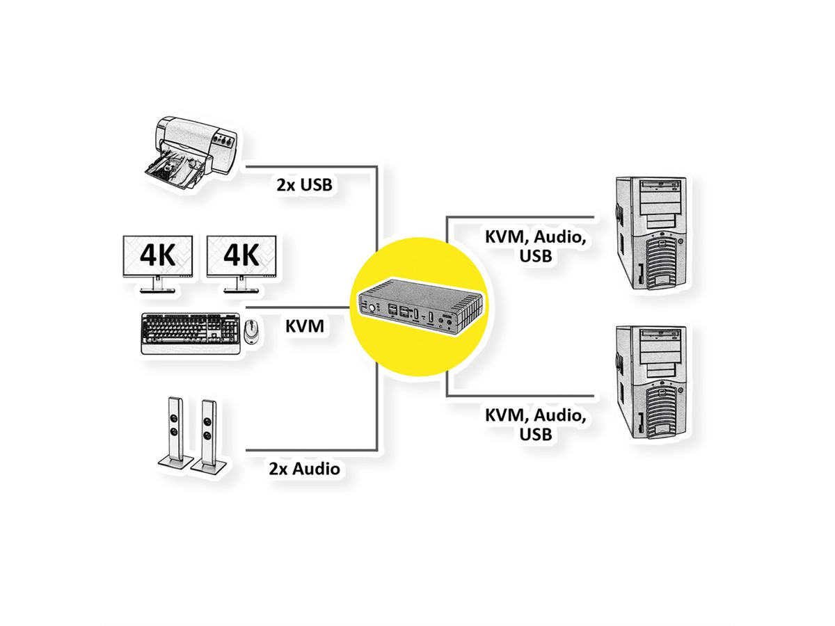 ROLINE Switch KVM Dual Head Audio, HDMI, 4K60, 1 Utilisateur - 2 PCs