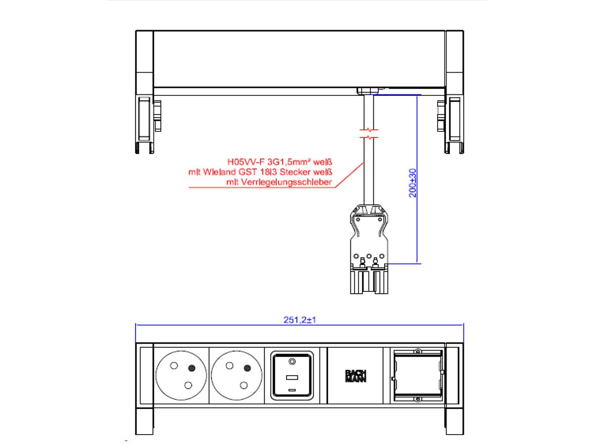 BACHMANN DESK2 white 2xUTE 1xinterrupteur 1xCM 0,2m GST18 RAL9010