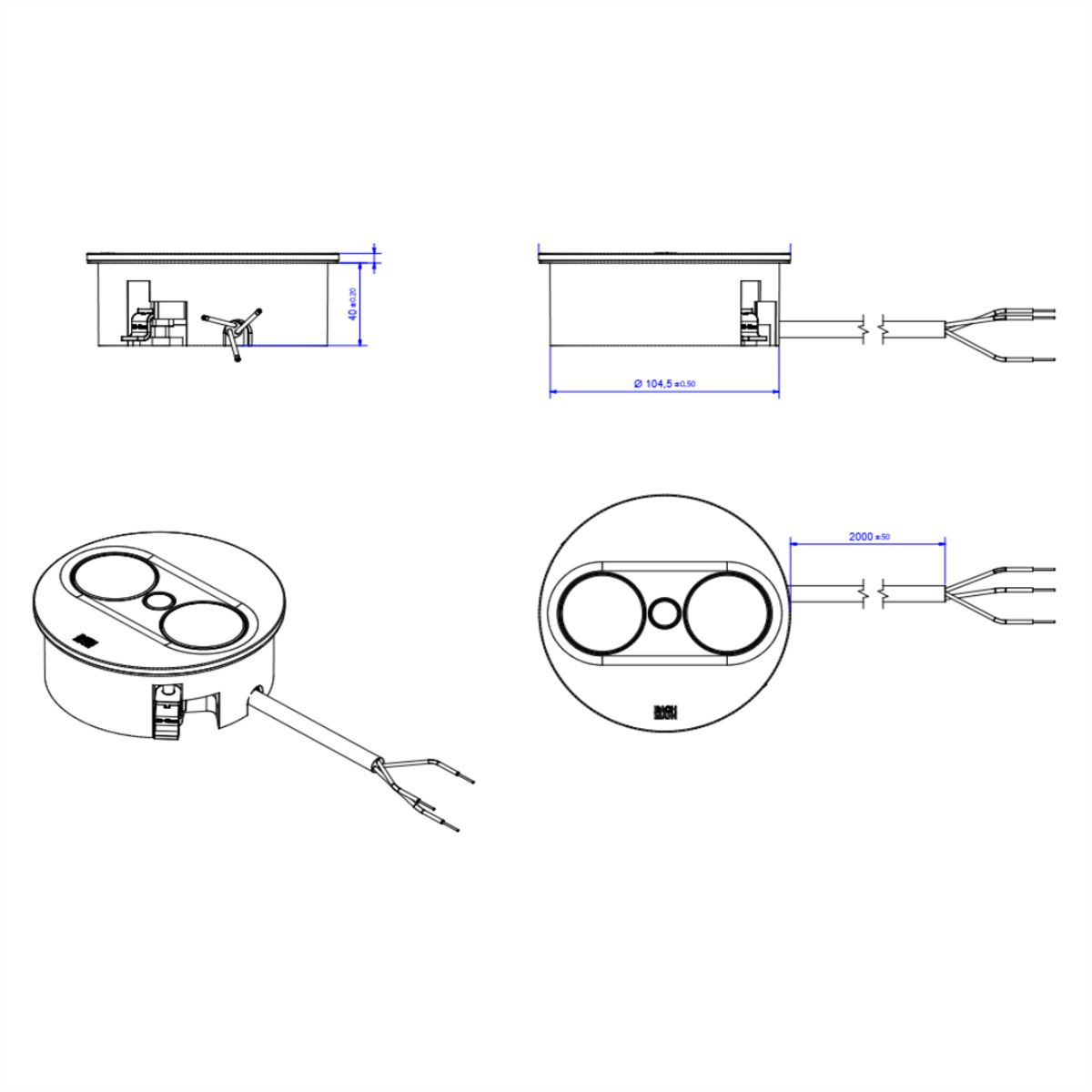 BACHMANN TWIST 2 1xUTE 1xUSB A/C 22W 2,0m AEH aspect inox rond, Mesure p.Sd. H05VV-F 3G2,5 CEE3x16A LAN