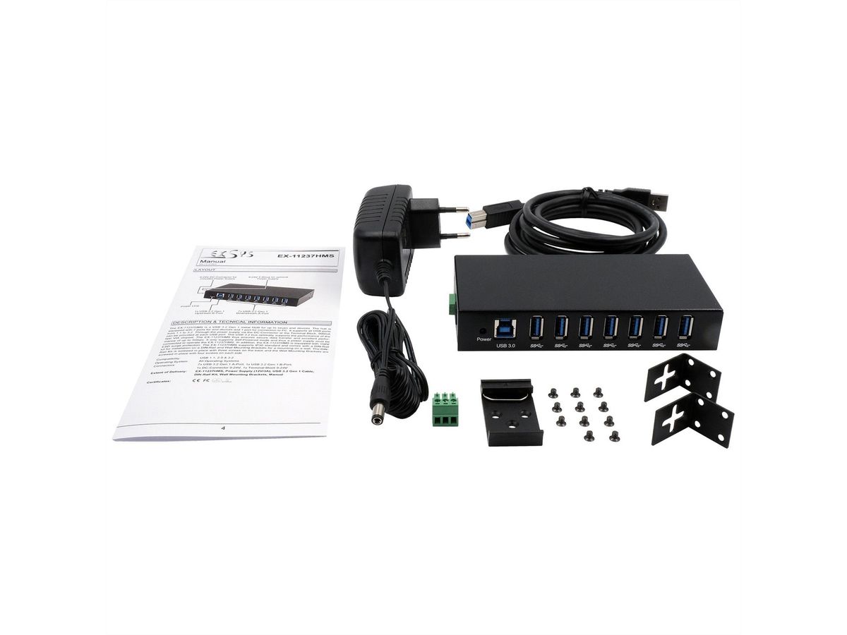 EXSYS EX-11237HMS-2 Hub 7 ports métallique , USB 3.2 Gen 1, kit rail DIN