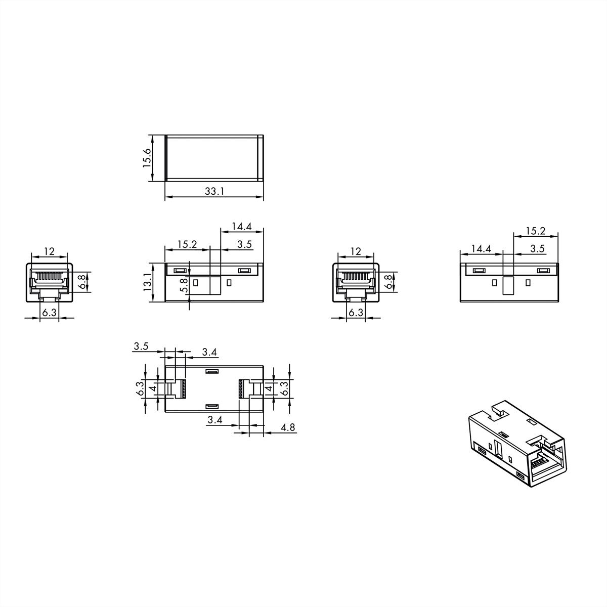 ROLINE Coupleur RJ-45 blindé, Cat.6A (Classe EA), boîtier métallique