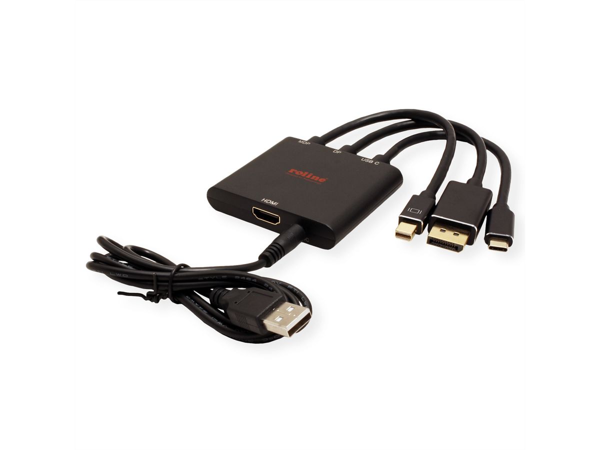 ROLINE Adaptateur Mini DisplayPort / DisplayPort / Type C - HDMI, Actif, 0,15 m