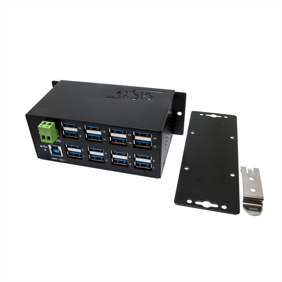 EXSYS EX-1113HMVS Hub à 16 ports USB 3.0/3.1(Gen1), protection de surtension et kit rail DIN