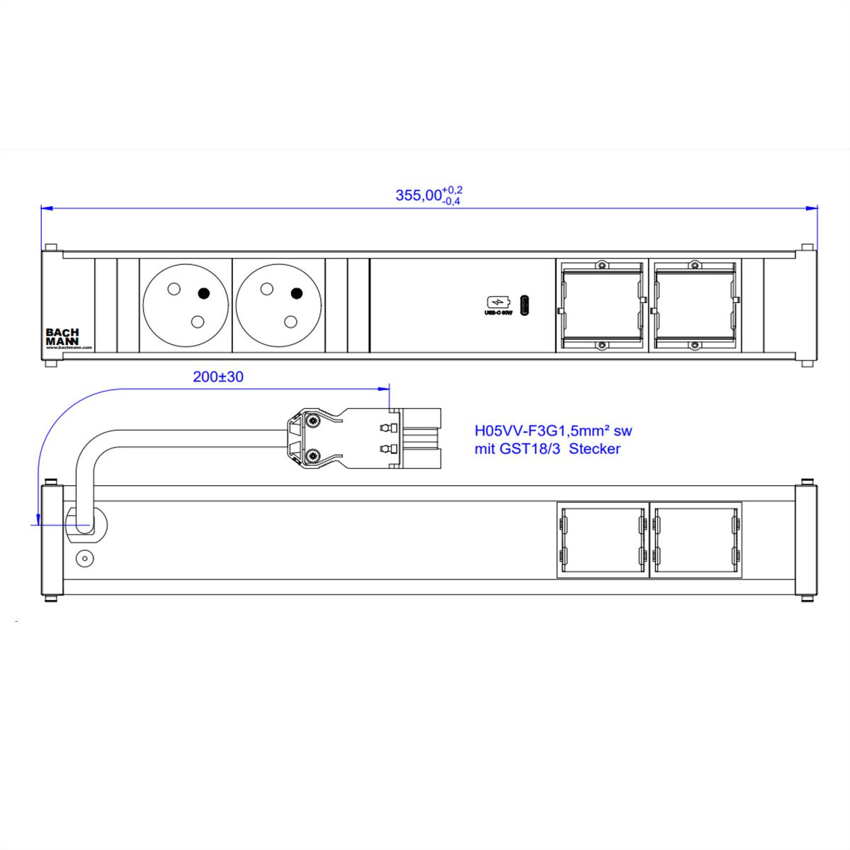 BACHMANN CONI 2xUTE 1xUSB C 60W 2xCM 0,2m GST18
