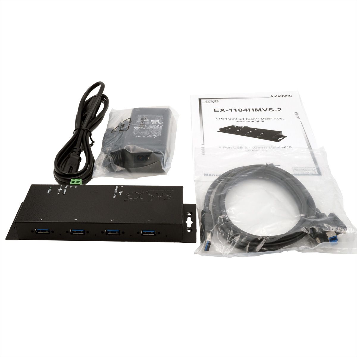 EXSYS EX-1184HMVS-2 Hub USB 3.2 Gen1 métal à 4 ports, protection de surtension 15KV ESD