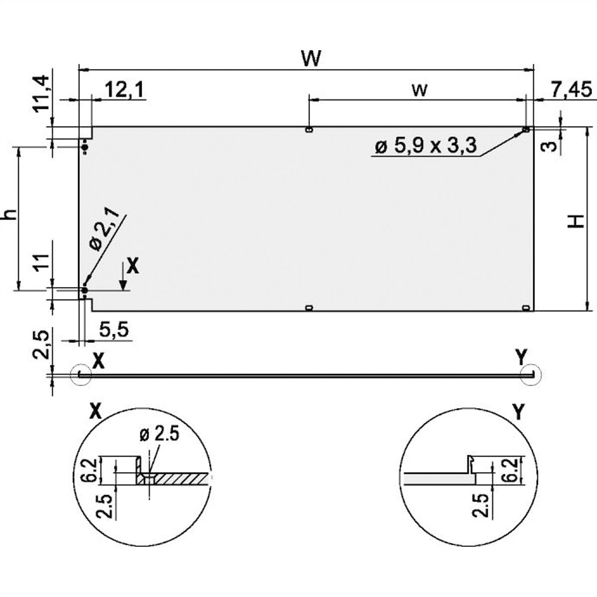 SCHROFF Face avant, blindée, charnières latérales, 3 U, 84 CV, 2,5 mm, alu