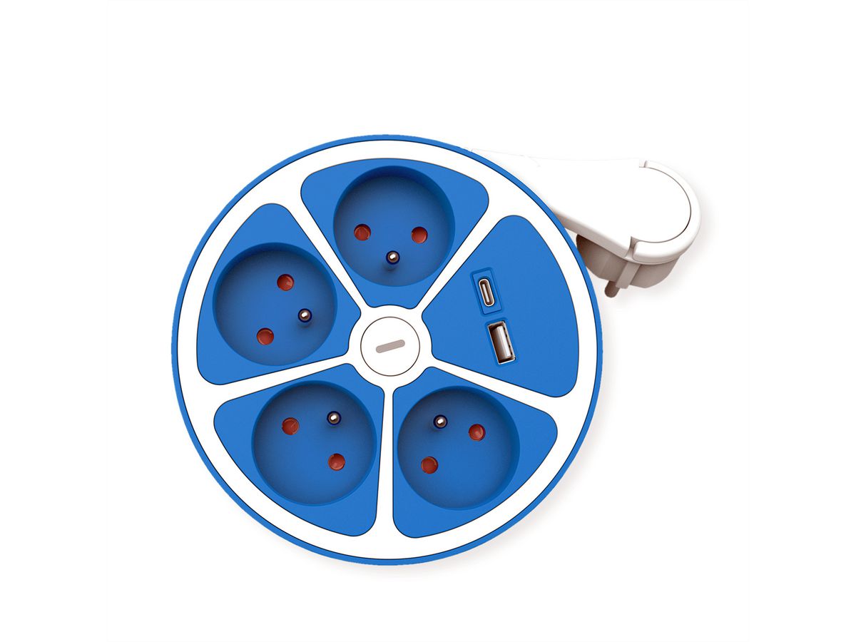 ROLINE Prise multiple, 4 ports avec interrupteur, rond, Version UTE, Fast Charger, 1x USB A+C, bleu, 1,5 m