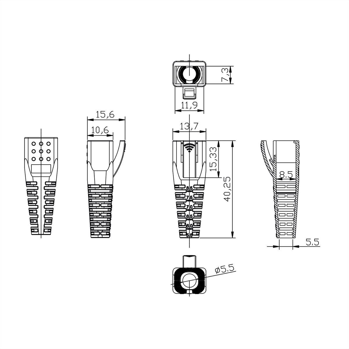 ROLINE Embout anti-pliage, pour RJ-45, 10 pièces, noir