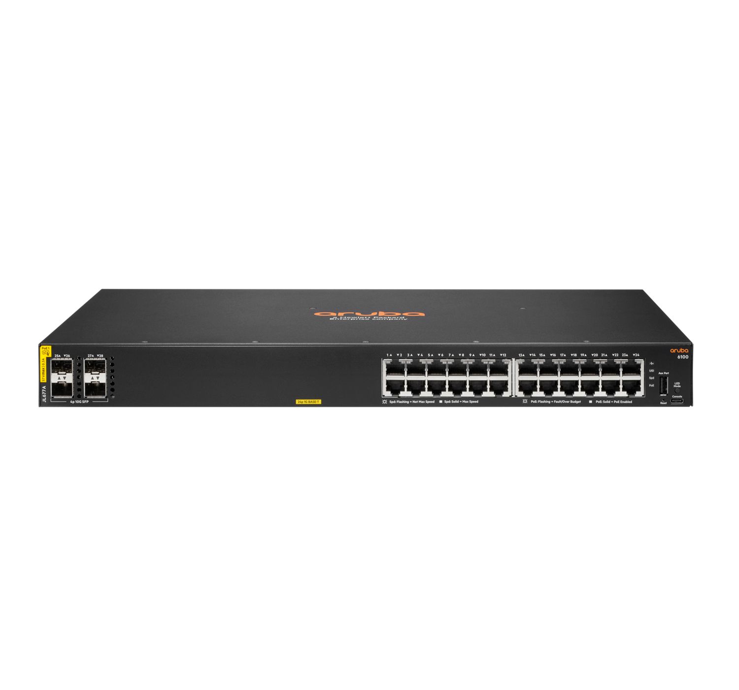 Hewlett Packard Enterprise Aruba 6100 24G Class4 PoE 4SFP+ 370W Géré L3 Gigabit Ethernet (10/100/1000) Connexion Ethernet, supportant l'alimentation via ce port (PoE) 1U Noir
