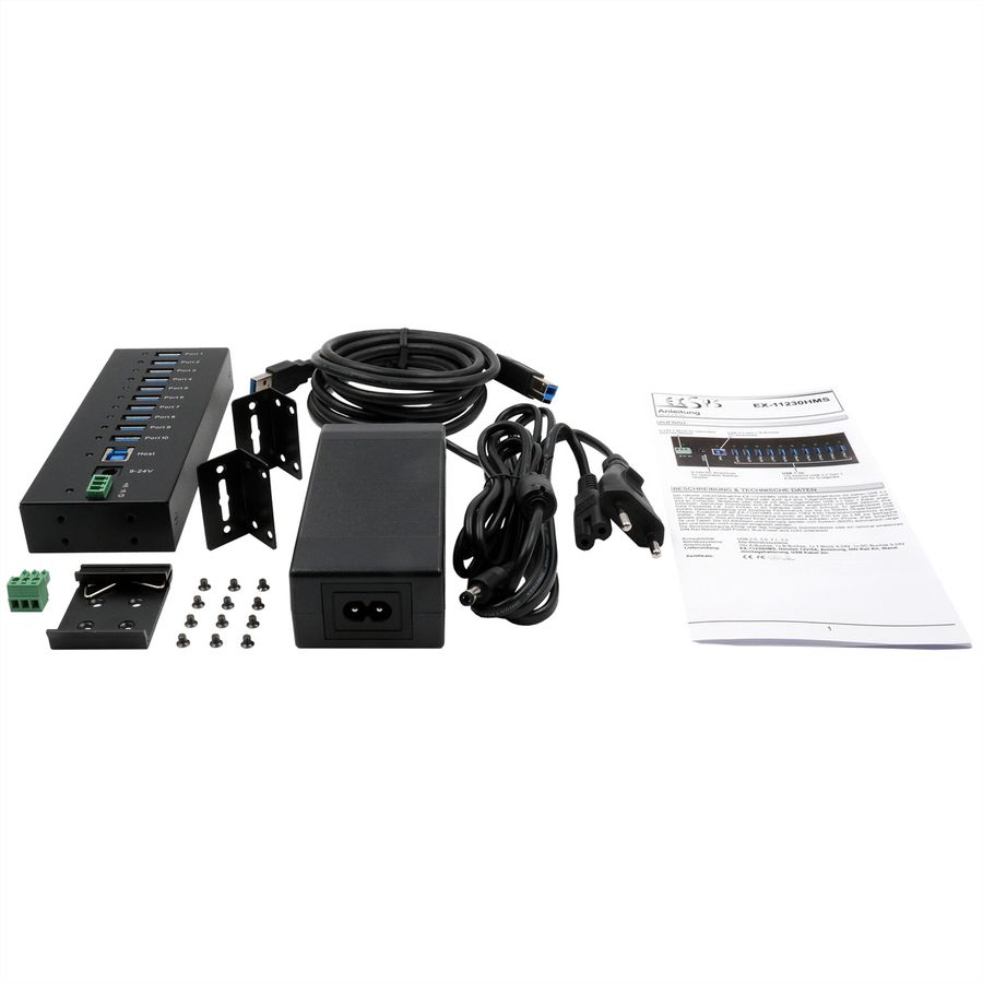 EXSYS EX-11230HMS HUB 10 ports USB 3.2 Gen 1 Din-Rail Kit et mur VIA VL811+ Chipset