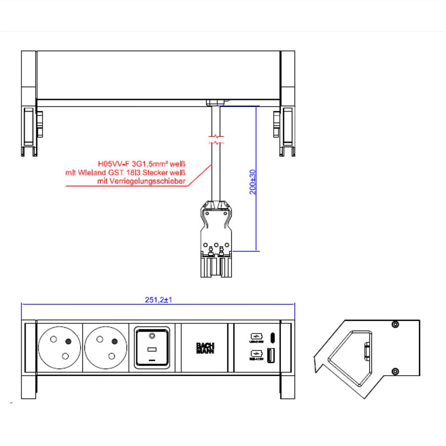 BACHMANN DESK2 white 2xUTE 1xinterrupteur 1xUSB A/C 22W 0,2m GST18