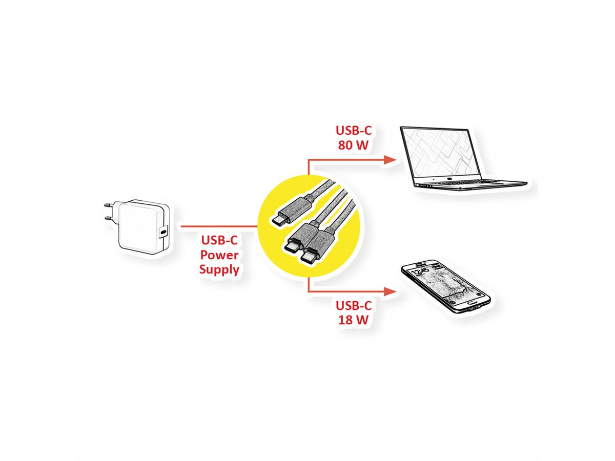 ROLINE Câble de chargement USB2.0 Y - Splitter, Type C vers 2x C, M/M, max. 100W, noir, 1,85 m