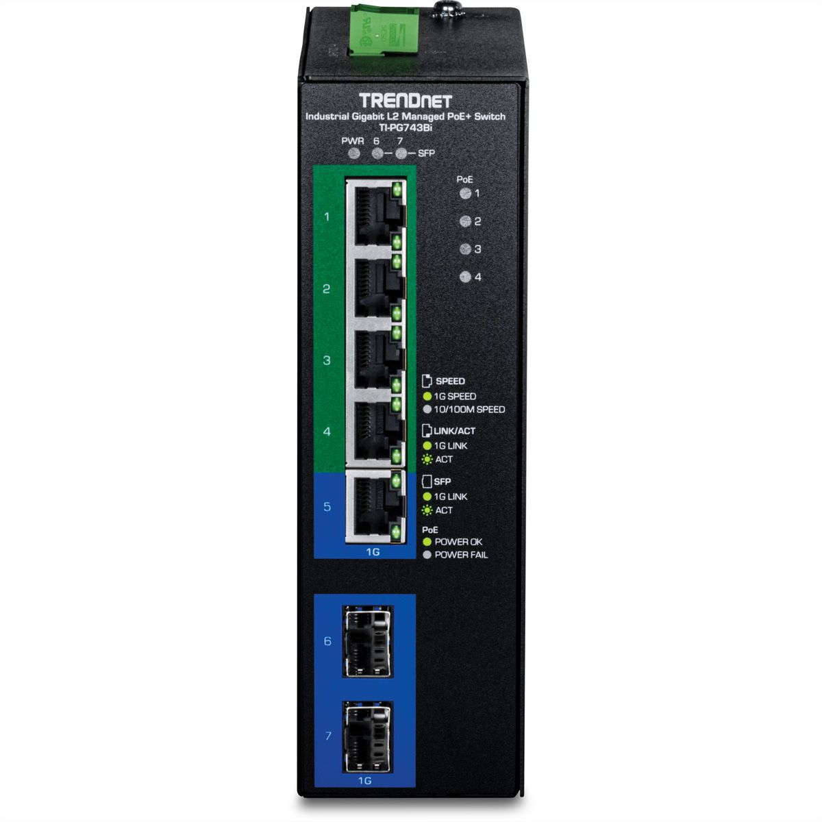 TRENDnet TI-PG743Bi Switch industriel Rail DIN Gigabit PoE+ L2 administrable à 7 ports 24 – 57V
