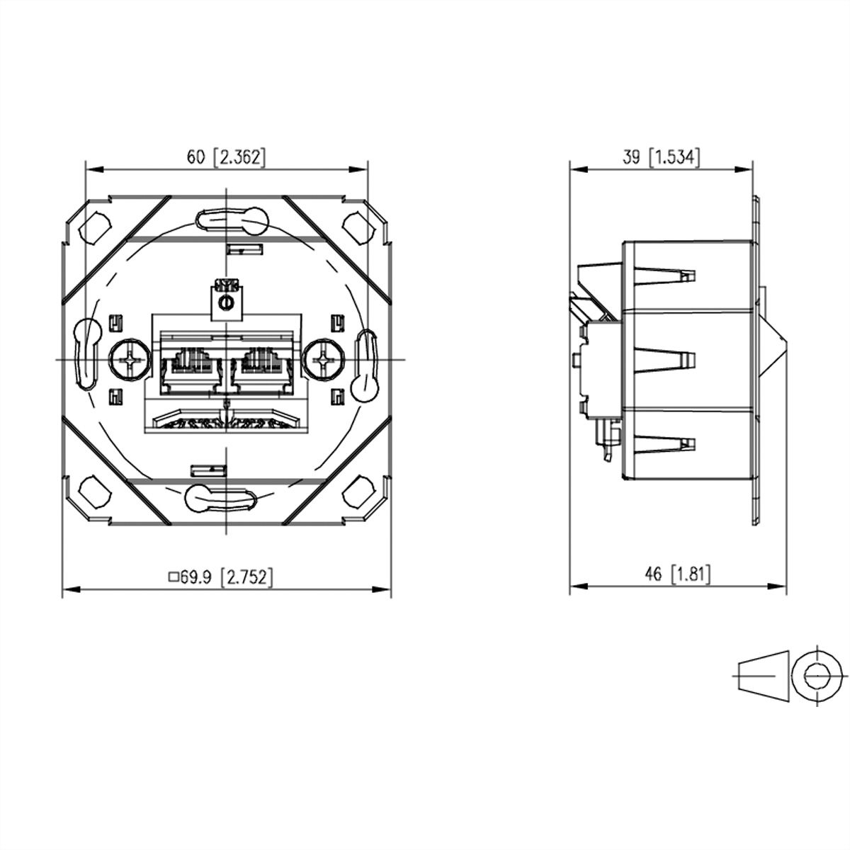 METZ CONNECT E-DAT C6A LSA++ Prise, 2 ports, encastré pour gammes d'interrupteurs design (UP0), métallique