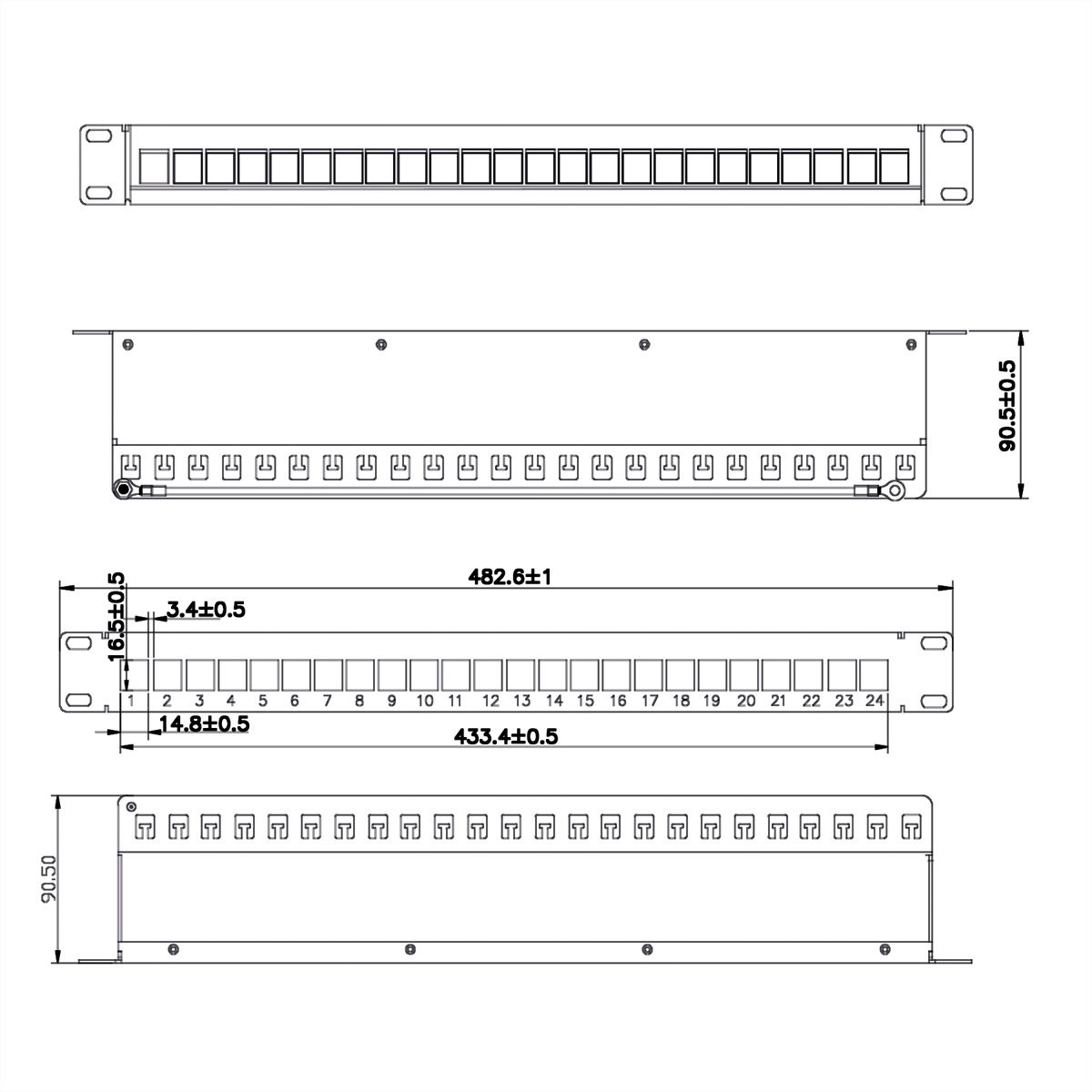 VALUE Panneau de brassage 19" pour keystones, 24 ports, 1U, blindé, noir