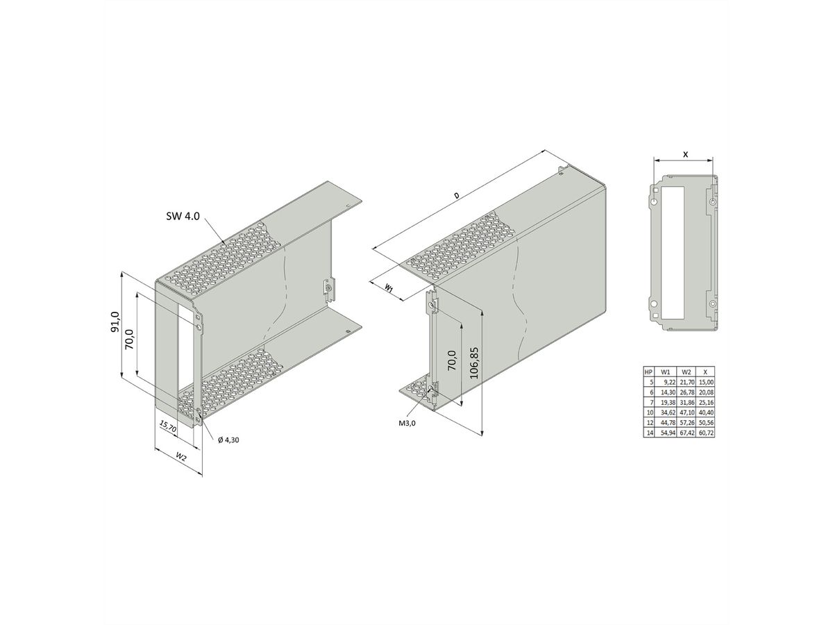 Capot perforé SCHROFF pour cadre type PIU, 3U, 12HP, 227D