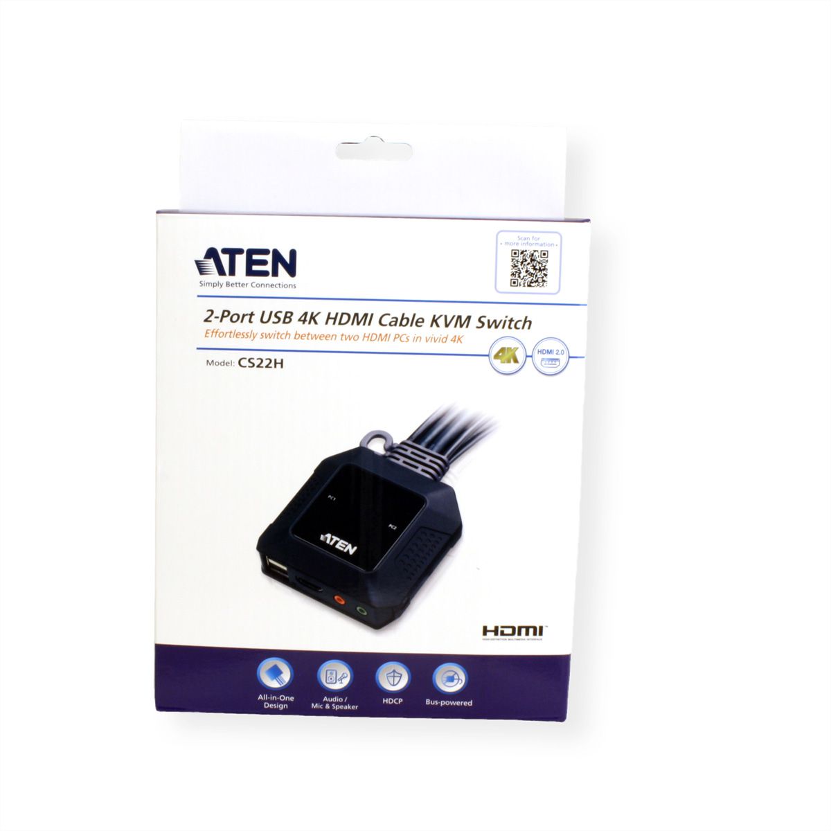 ATEN CS22H Commutateur KVM câble HDMI 4K USB 2 ports avec sélecteur de port distant
