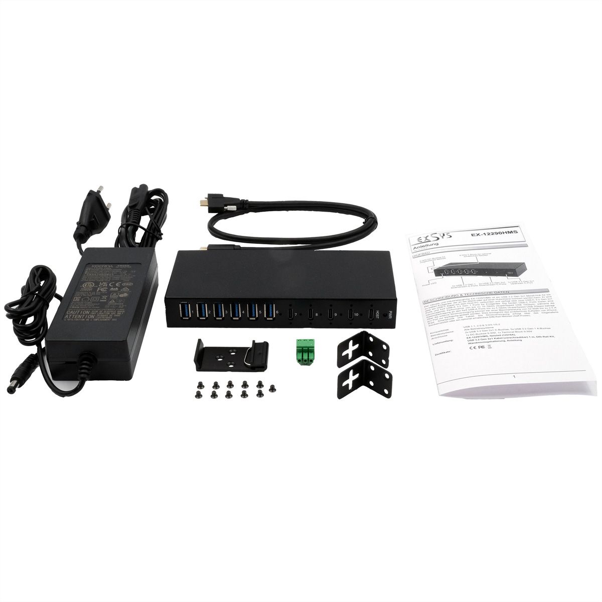 EXSYS EX-12290HMS HUB métallique 10 ports USB 3.2 Gen 2x1, 4x USB-C et 6x USB-A 3.2 Gen 1, pour table, mur et rail DIN