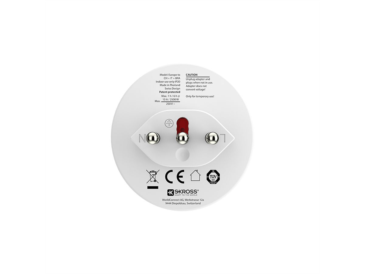 SKROSS Adaptateur de voyage Europe vers Suisse + Italie + Brésil, Pour appareils à 2 et 3 pôles (contact de protection ou prise Euro)