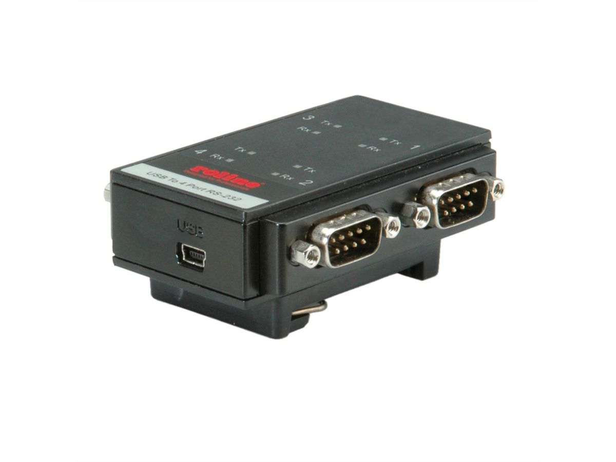 ROLINE Adaptateur USB 2.0 vers RS232 pour rail DIN, 4 ports