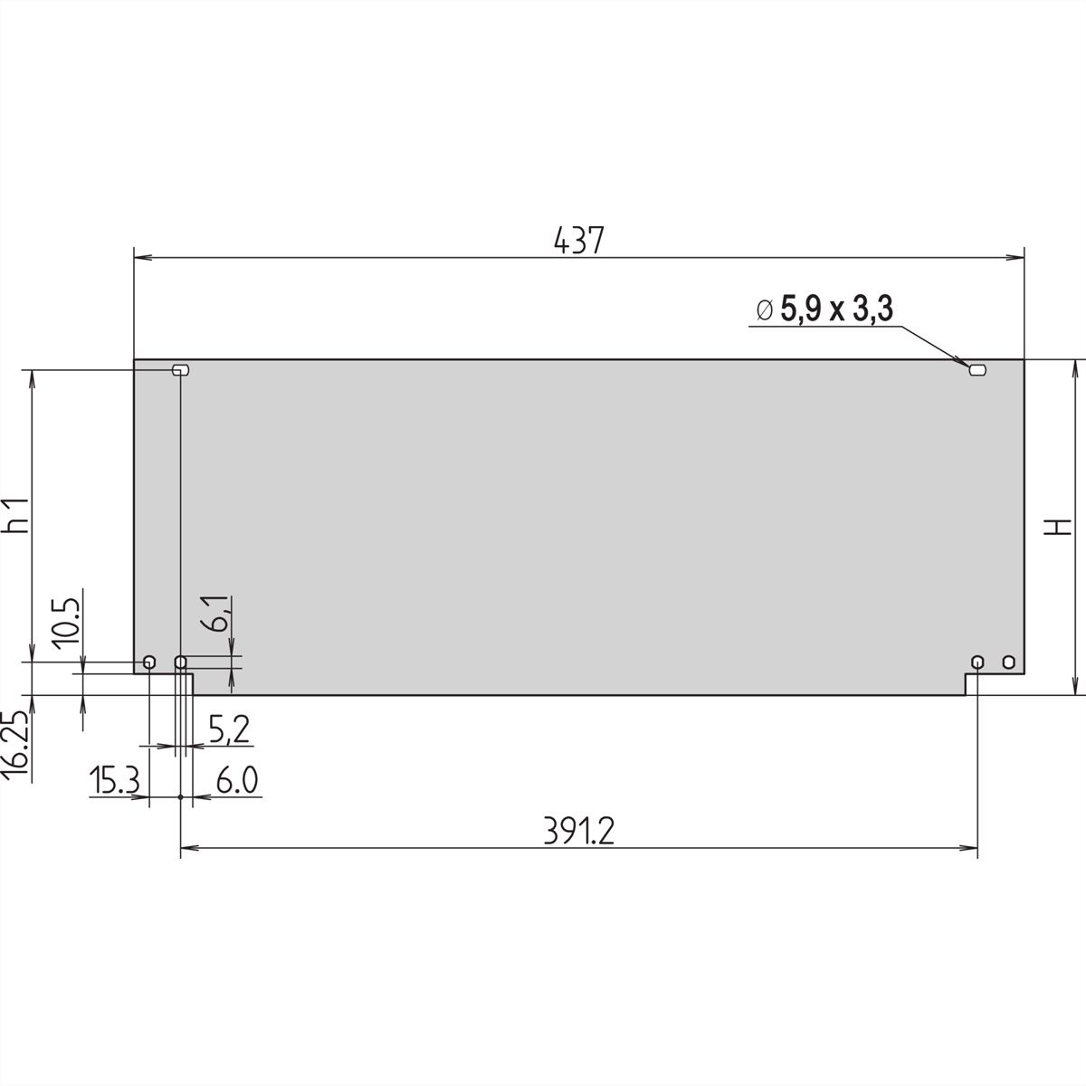 Face avant Inpac SCHROFF, avec charnières en bas, 6 U, 2,5 mm, alu, anodisé, bords non traités