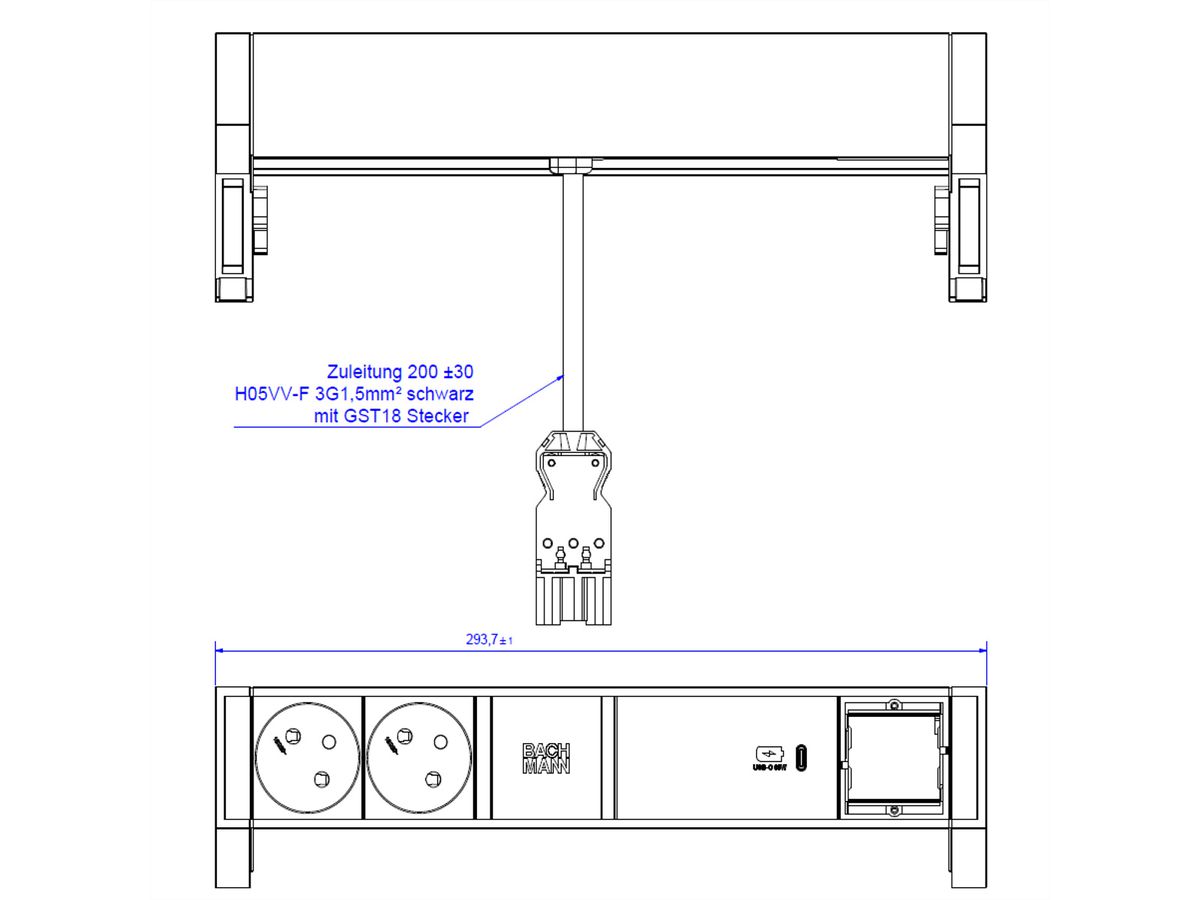 BACHMANN DESK2 2xUTE 1xUSB C 60W 1xCM 0,2m GST18 RAL9005